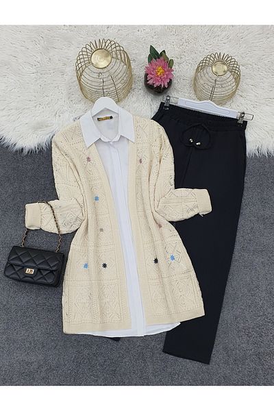 Modamorfo Embroidered square patterned Lace-Like Knit knit cardigan - cream