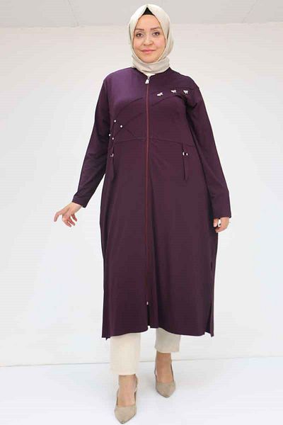 Eslina 53012 Large Size Beyoğlu Stone Detailed Zippered Combed Cotton Jacket - Purple