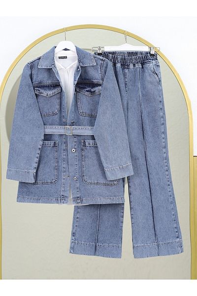 Modamorfo Set de blugi cu buzunare cu nasturi în față cu centură - Ice Blue