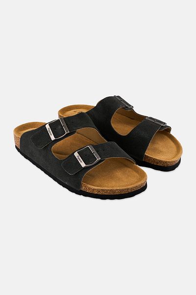 Algspar Men Double Monk Strap Slip On Cork Sandals, Charcoal