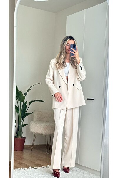 MODA بدلة بليزر نسائية مزدوجة وبنطلون فضفاض مع إكسسوارات وأزرار