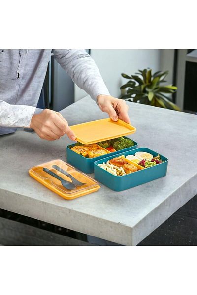 STOREMAX Ezg Layered Adjustable Compartment Lunch Box with Fork and Spoon Yellow Lid Ezsnshop 1065757