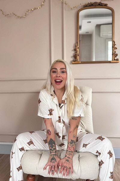 Pijamaevi Beige Teddy Patterned Bamboo Front Buttoned Short Sleeve Pajama Set