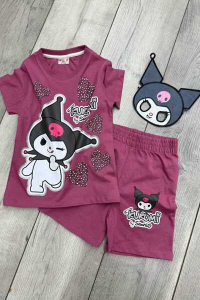 eQru Store Kuromi Printed Girl's Kuromi Masked T-Shirt and Shorts Plum Set