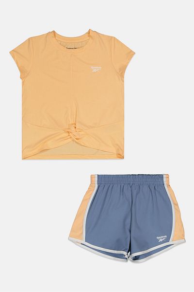 Reebok Kids Girl 2 Pieces Brand Logo Twist Top and Short Set, Dark Peach/Grey