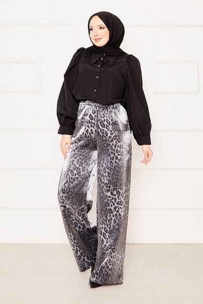 EBRUTESETTÜR Leopard Patterned Viscose Trousers with Elastic Waist