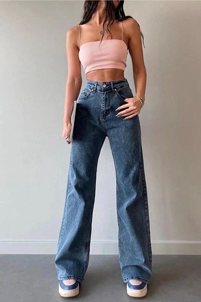 TRENDNATUREL Florence Dark Blue Snow Loose Extra High Waist Lycra Palazzo Loose Jean Trousers