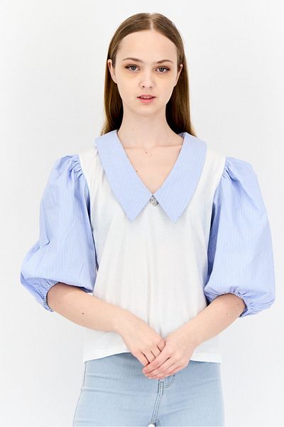 Maje Women Pointed Collar 3/4 Sleeve Stripped T-shirt, Multicolor