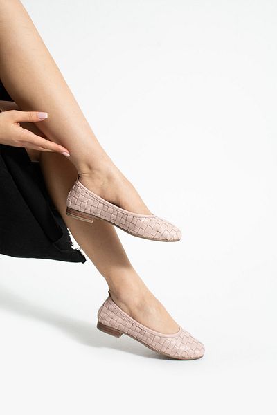 Getcho Talia Women's Genuine Leather Powder Ballerina Shoes Knitted Patterned Flat Sole Comfortable Summer Stylish Lightweight Model