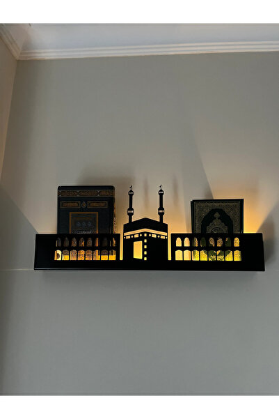Wallover Design Özel Metal LazerKesim 2mm Kalınlık İslami Kabe Temalı Kablosuz Pilli Ledli DuvarRafı (PİLLER Hediye)