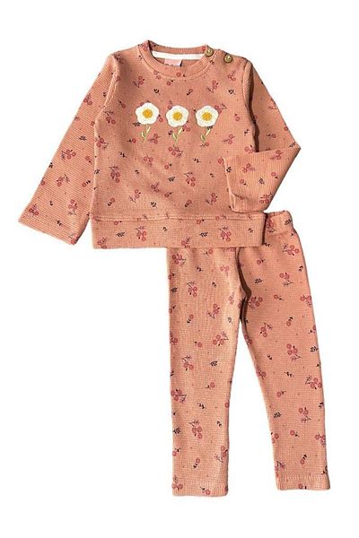 wakawakakidsstore Floral Appliqued Buttoned Shoulder Baby Girl Top and Bottom Set - Powder - 9-12 Months