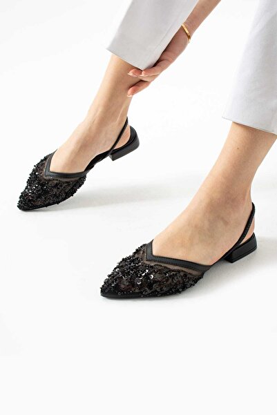 CICIKIZ Lace Embroidered Sequin Low Heel Jurdan Bottom Back Rubber Detail Pointed Toe Shoes