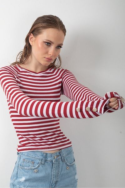 LUQAJ Red White Striped Long Sleeve Body Button Detailed Soft Touch Raglan Basic Blouse Lycra T-Shirt