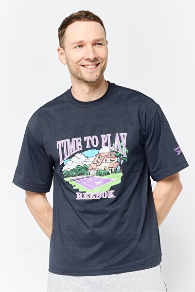 Reebok تي شيرت رياضي رجالي بأكمام قصيرة للتدريب، أزرق داكن