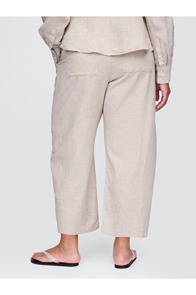 GAP Kadın Bej Mid Rise Keten Karışımlı Barrel Pantolon