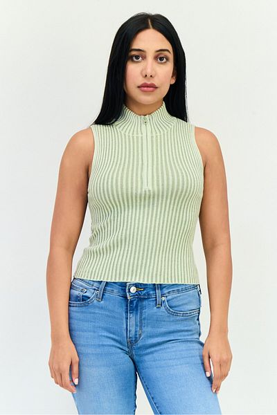 No Comment Women Mock Neck Sleeveless Ribbed Tank Top, Mint Green