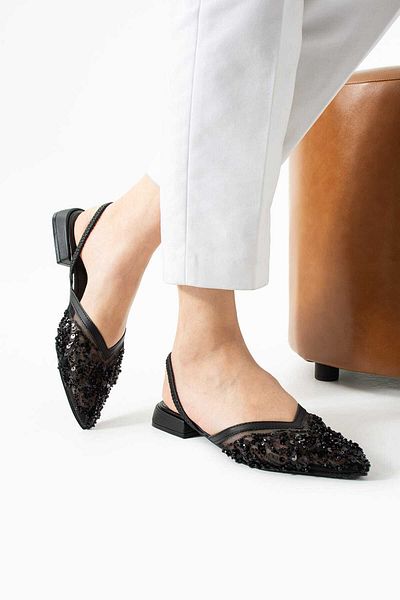 CICIKIZ Lace Embroidered Sequin Low Heel Jurdan Bottom Back Rubber Detail Pointed Toe Shoes