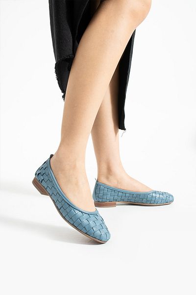 Getcho Talia Women's Genuine Leather Blue Ballerina Shoes Knitted Patterned Flat Sole Comfortable Summer Stylish Lightweight Model