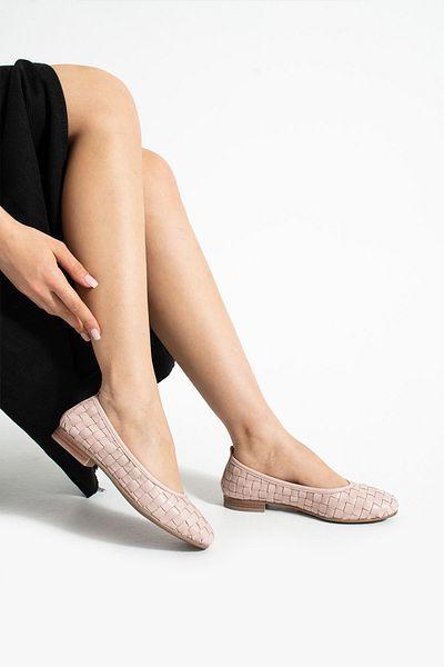 Getcho Talia Women's Genuine Leather Powder Ballerina Shoes Knitted Patterned Flat Sole Comfortable Summer Stylish Lightweight Model