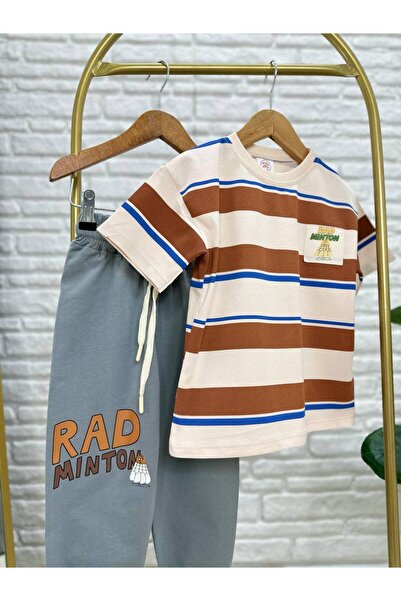 Karan Kids Boy's Cotton Brown Striped T-Shirt and Sweatpants Set