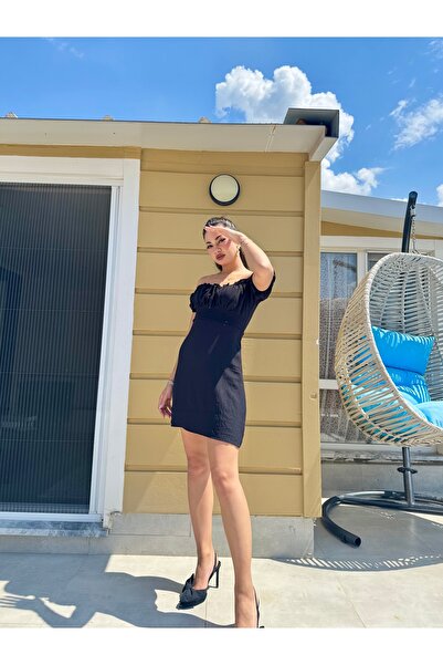Gamze Ege Fashion Siyah mini elbise straplez yaka