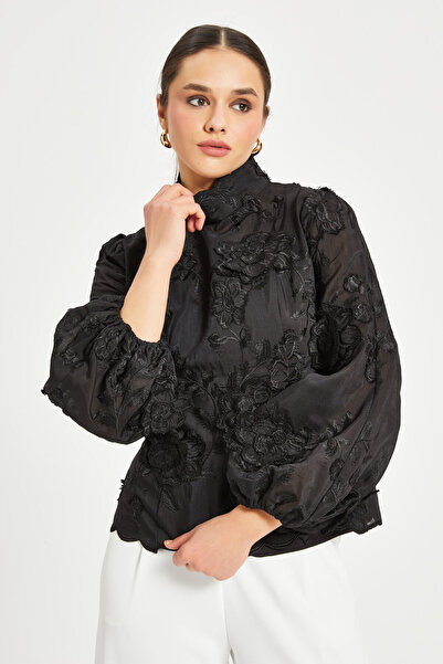 SERPİL Women S Lace Applique Balloon Sleeve Blouse – High Neckline with Sheer Detail