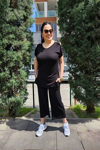 xlargebutik Plus Size Clothing with Bow Detail Loose Leg Capri Suit
