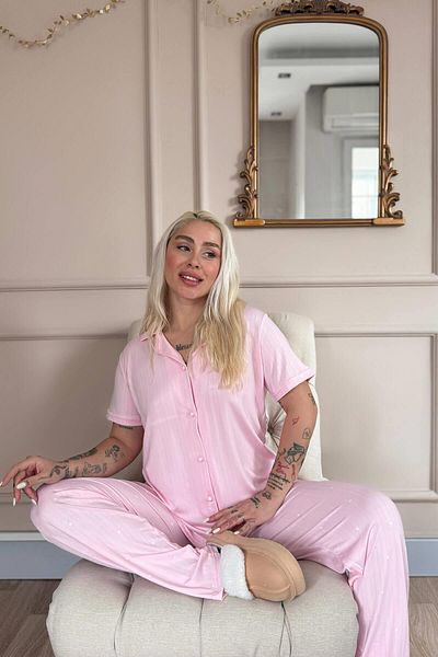 Pijamaevi Růžová Reve Rose vzorovaná přední sada pyžama Marlenka s knoflíky