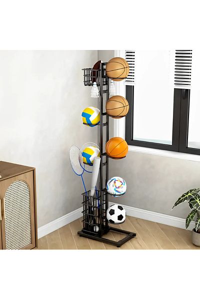 Herum Metal stand, 7 ball spaces, 2 baskets, 2 hooks, toy organizer, badminton paddles and shuttlecocks