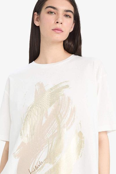 DeFacto Tricou cu mânecă scurtă din bumbac pieptănat imprimat cu decolteu rotund de sezon nou