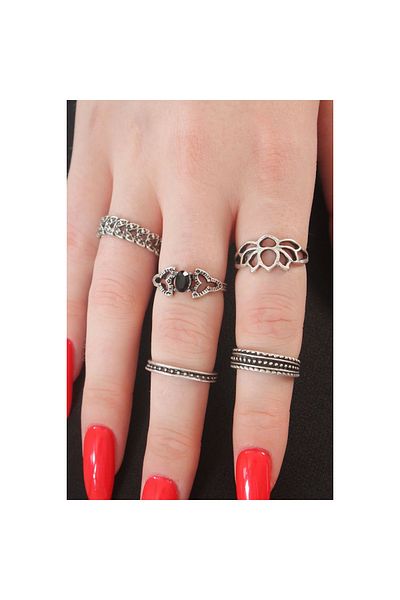 Marsilyan Silver Color Lotus Model Black Crystal Stone Detail Ring Combination - Tj-byk2740