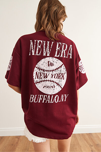 Olalook Γυναικείο μπλουζάκι New York Claret Red μπροστινό πίσω με στάμπα με 2 κλωστές Unisex Oversize TSH-19000696