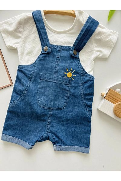 Bolly Baby Summer Thin Denim Baby Salopet Jumpsuit Snap Fastener Shoulder Short Sleeve T-Shirt Sun Embroidered 6-24 Months Baby