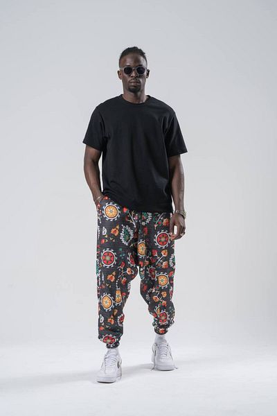 SUPERBLUE Unisex Figured Patterned Summer Wrapped Elastic Leg Baggy Trousers