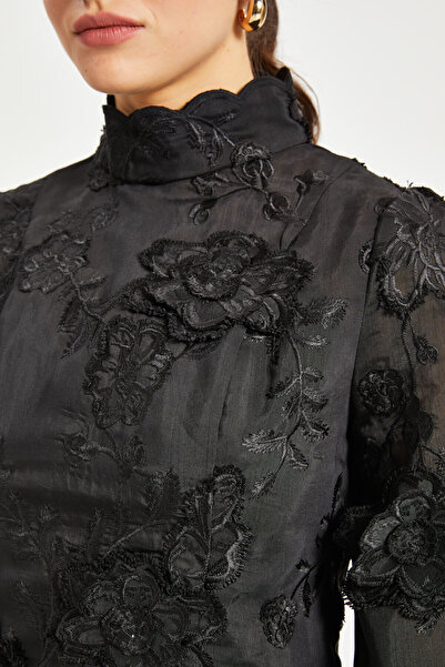 SERPİL Women S Lace Applique Balloon Sleeve Blouse – High Neckline with Sheer Detail