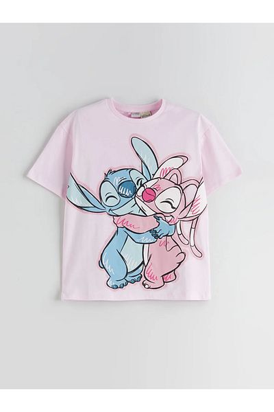 LC Waikiki LCW Παιδικό ροζ μπλουζάκι με λαιμόκοψη Lilo and Stitch για κορίτσια