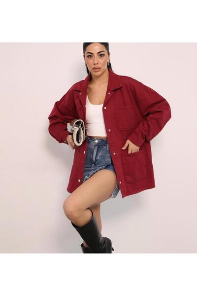 fatma keskin linna butik سترة قميص جبردين كبيرة الحجم للسيدات باللون الأحمر ا...