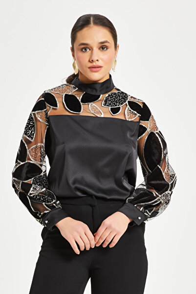 SERPİL Kadın Transparan Kollu Saten Bluz – Yaprak Desenli, Yüksek Yaka