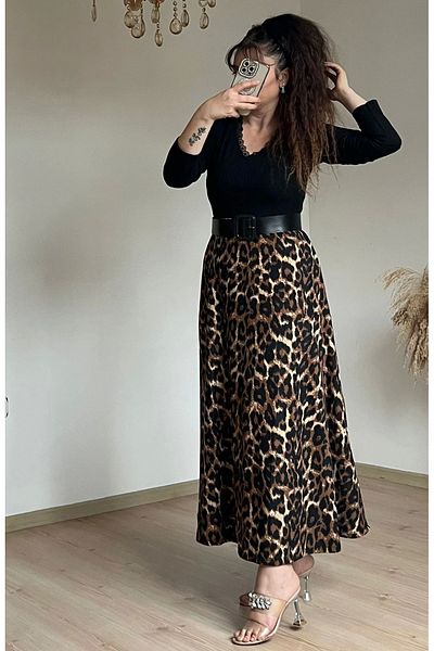 azra moda Rochie din piele intoarsa leopard cu centura din piele