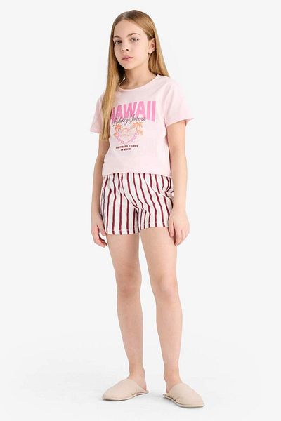 DeFacto New Season Girls' Pajama Set Printed Short Sleeve T-Shirt Striped Shorts