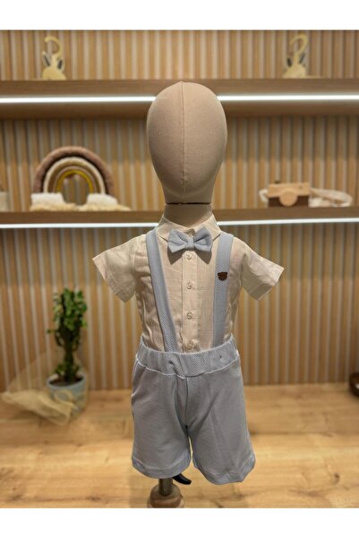 NİSASİNA Erkek Bebek Papyonlu Salopet Takım Mavi & Beyaz