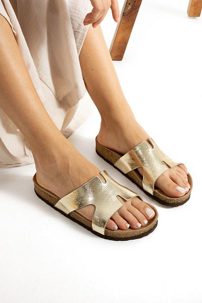 Uniqueqoop Amsterdam Genuine Leather Cork Sole Orthopedic Women's Slippers