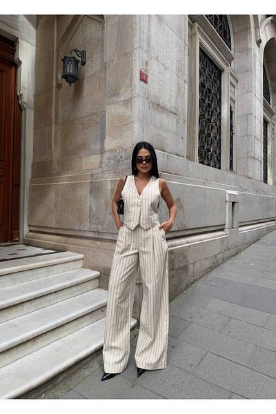 LB Laluna Butik Women's Striped Vest and Trousers Linen Set