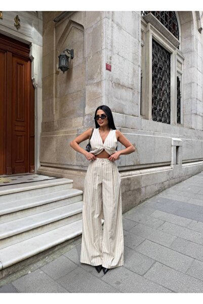 LB Laluna Butik Női csíkos mellény és nadrág vászon szett