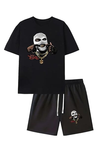trend selection  Printed Bottom Top Set, Oversize, Crew Neck Two Piece Shorts Set