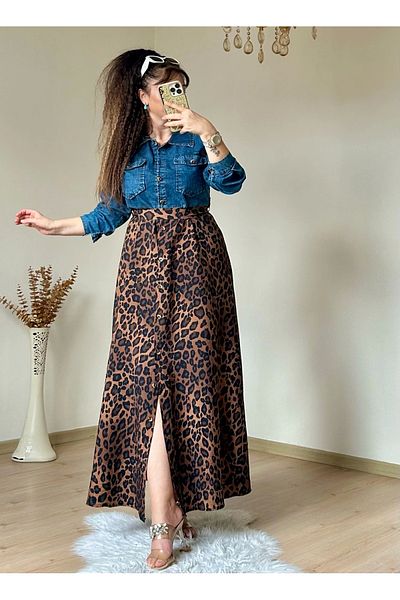 azra moda Rochie leopard cu detaliu din denim
