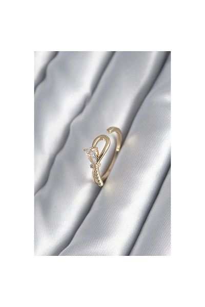 Marsilyan Brass Gold Color Zircon Stone Detail Ribbon Model Women's Ring - TJ-BYK2991