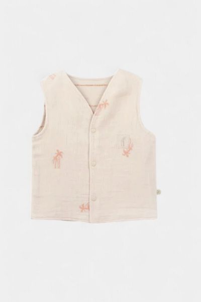 damdamin 100% Organic Cotton Ecocert Certified Palm Embroidered Snap Vest & Elastic Waist Trousers Set