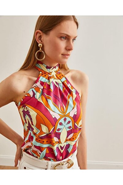 Cistern İstanbul Bluză colorată cu nasturi cu guler cu model pentru femei