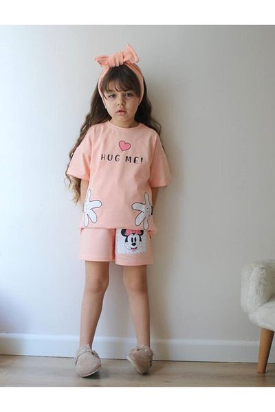 JELİBOOM Hug Me Detail Printed Organic 100% Cotton Girls Shorts Set